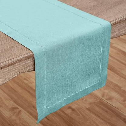 Solino Home Linen Aqua Blue Table Runner 156 Inches Long - 100% Pure Linen Extra Long Table Runner 14 x 156 Inch for Winter, Spring, Easter - Classic Hemstitch