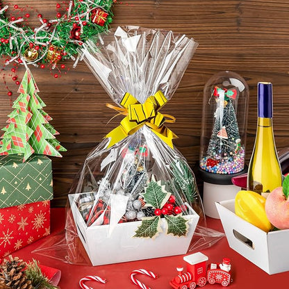 Fainne 74 Pcs Baskets for Gifts Empty Bulk DIY Empty Gift Basket Include 20 Kraft Cardboard Tray with Handles 30 Bags 24 Bows for Christmas Thanksgiving Birthdays Snacks Party, 8" x 6" x 3"(White)