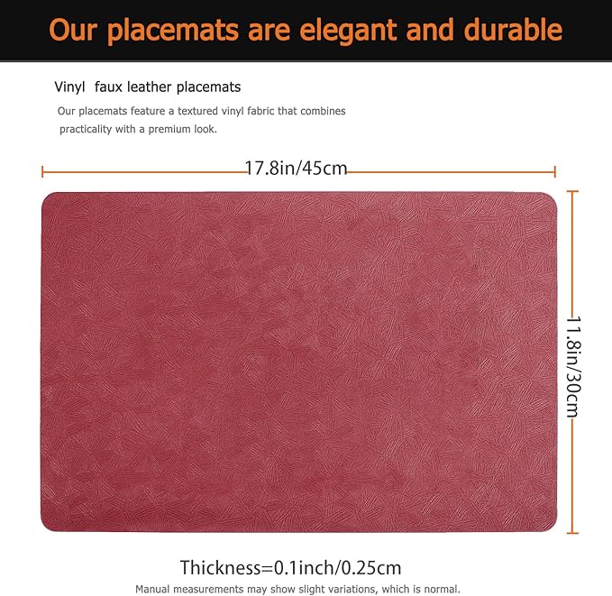 Vinyl Placemats Set of 8 Faux Leather 100% Waterproof Wipeable Washable Place Mats Heat Resistant Easy Clean Non-Slip Table Mats for Indoor Outdoor. (8,Red)