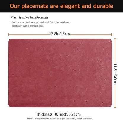 Vinyl Placemats Set of 6 Faux Leather 100% Waterproof Wipeable Washable Place Mats Heat Resistant Easy Clean Non-Slip Table Mats for Indoor Outdoor. (6,Red)