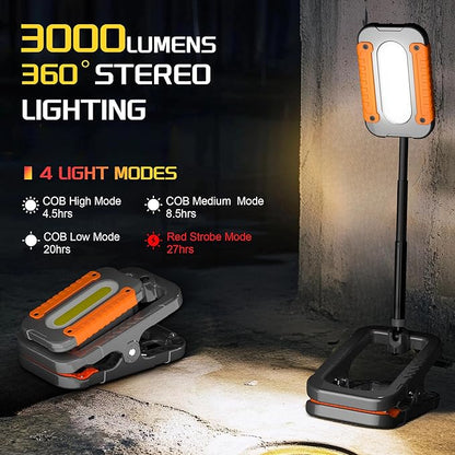 Rechargeable Work Light with Clamp, 3000LM Clip on Lamp with Magnet, Hook, Telescopic Stand, 360° Rotatable Portable LED Clamp Work Light for Boat, Job Site, Workshop, Car, Desk, Bench(1Pack)