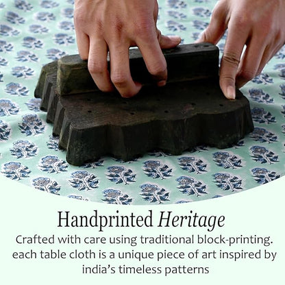 CPC Tablecloth 100% Cotton 60x90 Inch Indian Block Print Rectangle Table Cover, Washable Table Cloth for Weddings, Spring/Summer, Barbeque - Poppy Blue