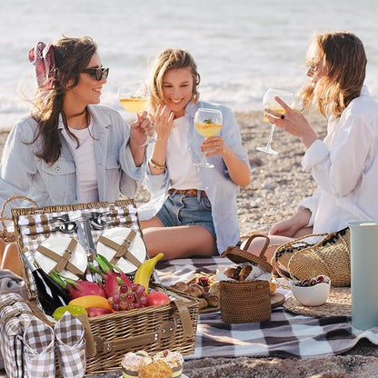 Neti Neti Wicker Picnic Basket for 4 with Insulated Cooler & Waterproof Blanket – Large Willow Picnic Hamper for Outdoor, Camping, Beach, Romantic Dates, Valentine’s Day