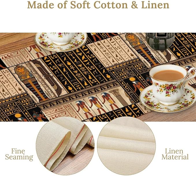 Ancient Egyptian Table Runner, Vintage Abstract Mystical Hieroglyphics Culture Table Runner for Dining Coffee Party Holiday Farmhouse 13x120in
