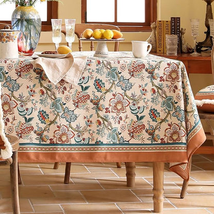 Linen Colorful Floral Long Rectangle Tablecloth,Vintage Indian Colorfast Block Print Table Cloth,Decorative Table Cover for Kitchen,Dining,Thanksgiving,Christmas,63"*102"-Mangala