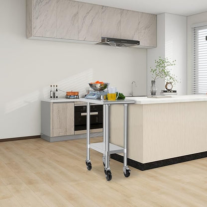 HARDURA Stainless Steel Commercial Table Prep & Work Table with Casters Heavy Duty Metal Table with Wheels NSF 430 24×15 Inches