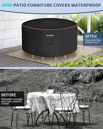 Round Patio Furniture Cover, 84 Inch Diameter Waterproof 600D Heavy Duty Table and Chair Set Protection Black