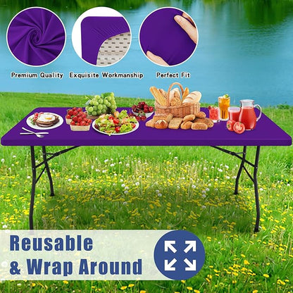 Spandex 6 Foot Rectangle Table Cloth 6 Pack, Elastic Fitted Tablecloths for Picnic, Stretch Washable Patio Table Cover for Outdoor, Camping, Banquet and Parties (Purple, 30"x72")