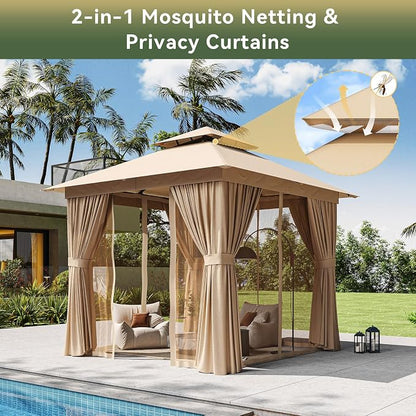 8'x8' Gazebo with Light, Outdoor Gazebo with Double Roofs | Metal Frame Canopy - Image 3
