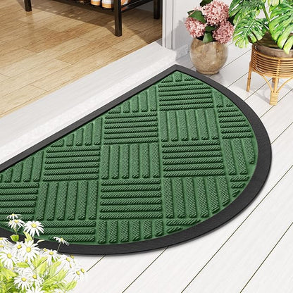 Smiry Half Circle Front Door Mat Outside Entrance, Heavy Duty Outdoor Indoor Natural Rubber Doormat, Non Slip, Trap Dirt and Moisture, Easy Clean, Low Profile Patio Porch Entryway Mat, 29.5x17, Green