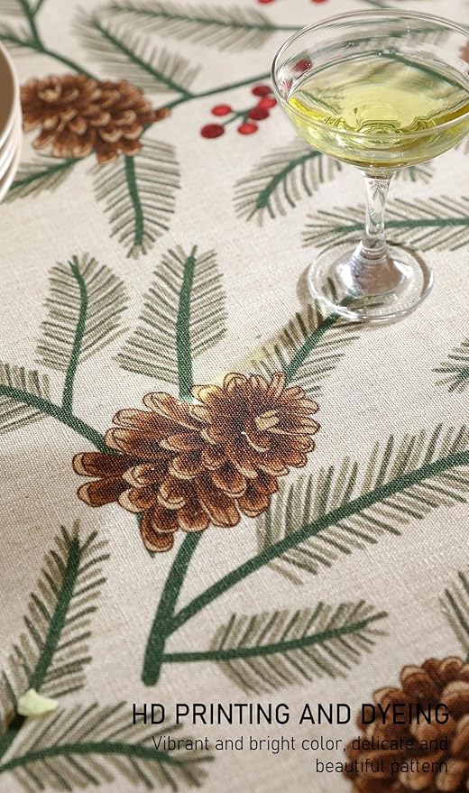 ISAENNE Designer Christmas Beige Linen Extra Long Tablecloth Rectangle,Pinecones Pattern Indoor Table Cloths,Washable Decor Tablecloths for Dining Thanksgiving Kitchen,63"*110"-Carol B
