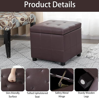 Homebeez Faux Leather Lift Top Storage Ottoman Bench with Solid Wood Frame & Tufted PU - 17.3 Inch Cube Footrest, Seat, with Metal Hinges for Living Room, Bedroom, Dorm | Coffee Brown