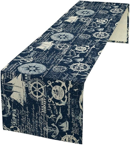 Marine Ship Table Runner, Nautical Pattern Seasonal Farmhouse Sea Rustic Kitchen Dining Table Decoration for Holiday Home Party Festival 13x36in