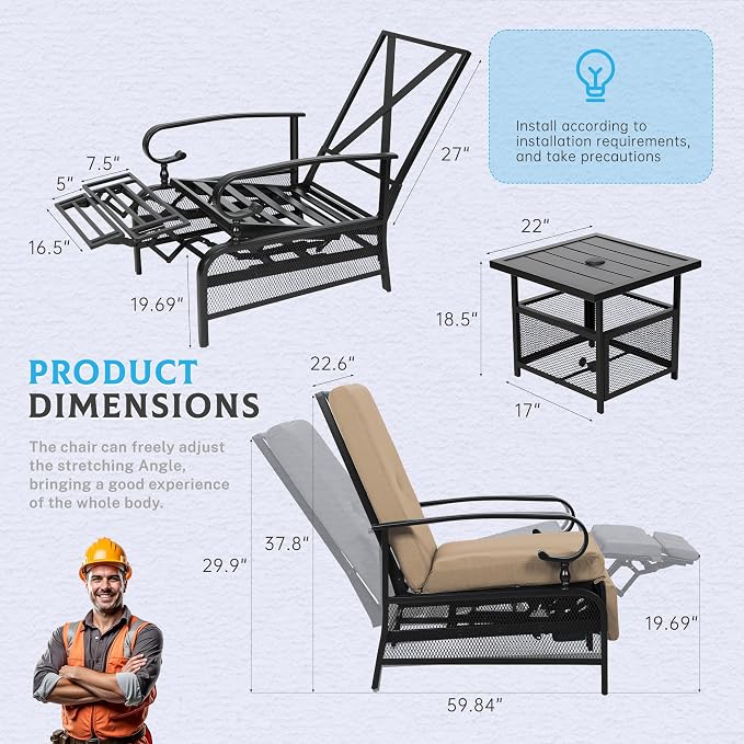 Incbruce 3 Pieces Outdoor Lounge Recliner Set, 2 Adjustable Metal Recliner Sofa - Image 3
