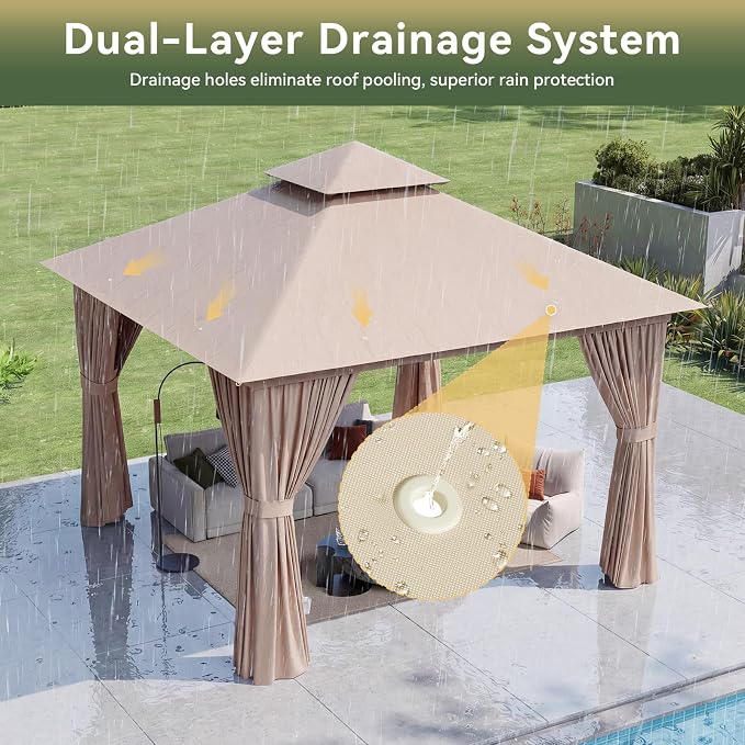 10'x10' Gazebo with Light, Outdoor Gazebo with Double Roofs | Metal Frame Canopy - Image 6