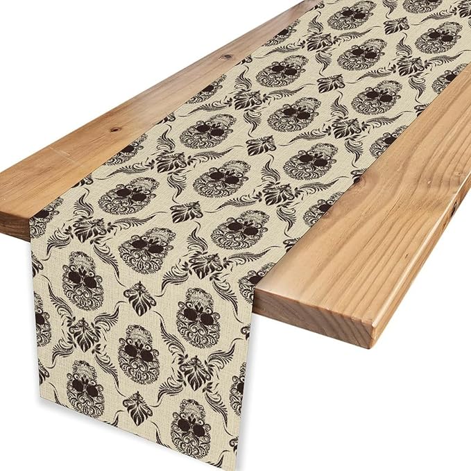 Gothic Table Runner, Retro Antique Damask Skull Pattern Classic Halloween Boho Black Coffee Vintage Table Center Decor for Kitchen and Dining Outdoor Home Country Party Table Decorations, 13"x108"