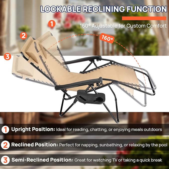 Alpen Set of 2 Outdoor Camping Chairs, Lounge Zero Gravity Chair, Khaki | - Image 4