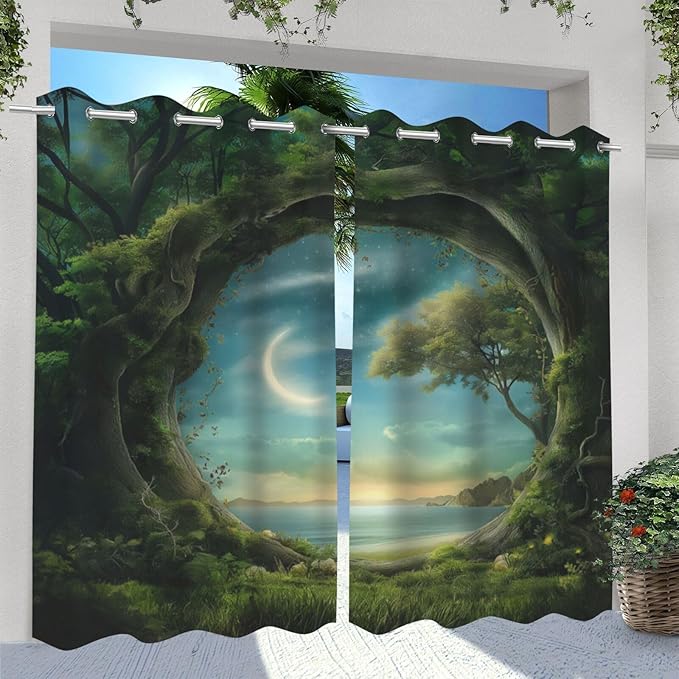 Forest Theme Outdoor Curtains for Patio Waterproof,Trees Moon Lake Pattern,UV and Fade Resistant Outside Curtains for Gazebo, Front Porch, Pergola,Set of 2 Panels,W42 x L84,Green