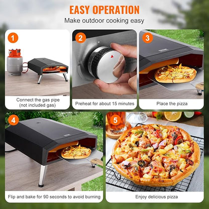 VEVOR Propane Pizza Oven, 13 Inch Gas Pizza Maker with Rotatable Pizza Stone, Portable Pizza Grill with Foldable Leg, Waterproof Carry Bag, Stainless Steel Gas Pizza Cooker for Outside Camp Backyard