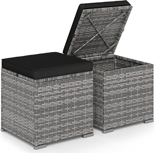 Tangkula 2 Pieces Patio Ottomans, Patiojoy Hand-Woven PE Rattan Side Table with Removable Cushion & Hidden Storage Space, Multifunctional Storage Box, Seat for Patio, Backyard, Poolside (Black&Grey)