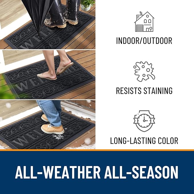 OLANLY Welcome Door Mat Indoor Outdoor Entrance, Heavy Duty Sturdy Front Door Mat, Waterproof All-Weather Doormat, Stain Resistant, Low Profile, Easy Clean Patio Entryway Mat, 36 x 24, Black