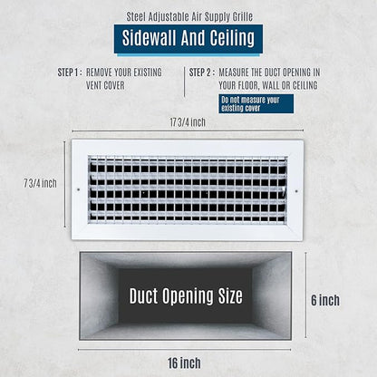 [4 Pack] Fits 16x6 Duct Opening Steel Adjustable Air Supply Grille by Handua | Register Vent Cover Grill for Sidewall and Ceiling | White | Out. Dim.: 17.75" X 7.75"