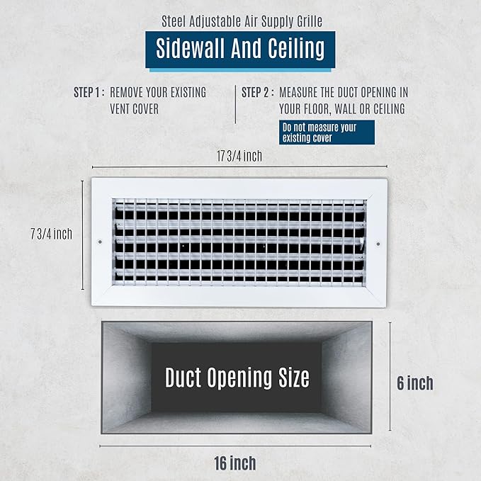 [10 Pack] Fits 16x6 Duct Opening Steel Adjustable Air Supply Grille by Handua | Register Vent Cover Grill for Sidewall and Ceiling | White | Out. Dim.: 17.75" X 7.75"