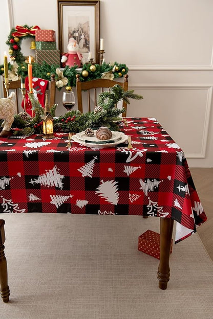 Red Gingham Plaid Christmas Tree Tablecloth - Rectangular 58x102 Inch Water Resistant Table Cloth for Indoor/Outdoor Use - Holiday Table Cover for Kitchen, Picnics, and Parties