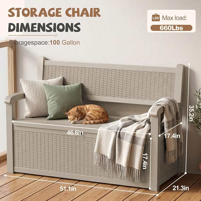 EFU Outdoor Bench Storage Deck Box, 100 Gallon Waterproof Wicker | Patio - Image 3