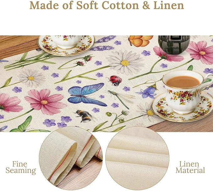 Flower Floral Table Runner, Butterfly Wildflowers Daisy Spring Summer Rustic Table Runner for Farmhouse Holiday Kitchen Dining Outdoor Home Party 13x36in