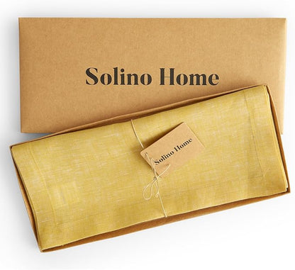 Solino Home Linen Table Runner 132 Inches Long - Athena, 100% Pure Linen Chambray Lemon Yellow Table Runner 14 x 132 Inch for Dining, Spring, Easter