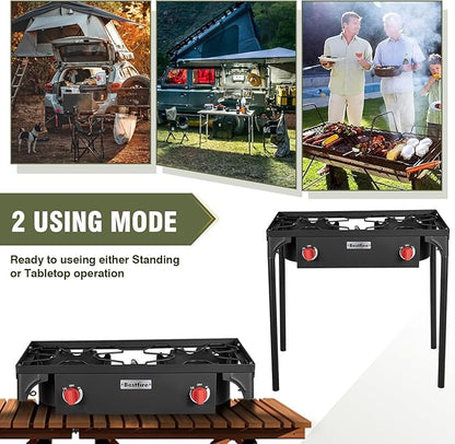 BESTFIRE 2 Burner Camping Stove,150,000 BTU High Pressure Outdoor Propane,4ft 20 PSI Adjustable Regulator Hose With Removable Legs for Backyard Cooking Camping Home