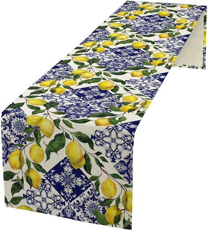 Lemon Fruit Nature Table Runner Farmhouse Talavera Ethnic Folk Rustic Watercolor Blue Dining Table Decoration for Home Holiday Party Dresser Kitchen Cabin Restaurant Wedding Decor 13×70in