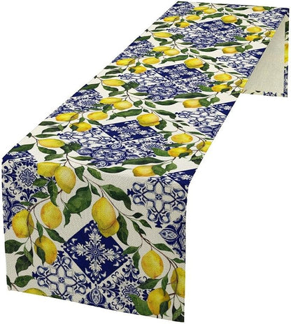 Lemon Fruit Nature Table Runner Farmhouse Talavera Ethnic Folk Rustic Watercolor Blue Dining Table Decoration for Home Holiday Party Dresser Kitchen Cabin Restaurant Wedding Decor 13×70in