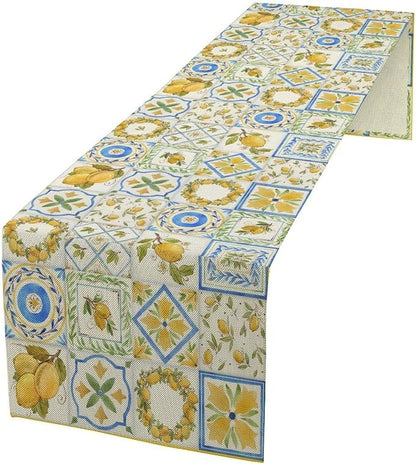 Yellow Lemon Summer Table Runner, Watercolor Spring Yellow and Blue Flower Hawaiian Style Table Runner for Holiday Party Home Kitchen Dining Table, 13x108inch