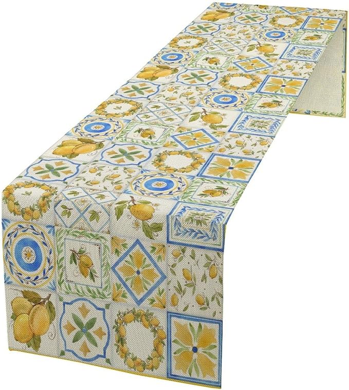 Yellow Lemon Summer Table Runner, Watercolor Spring Yellow and Blue Flower Hawaiian Style Table Runner for Holiday Party Home Kitchen Dining Table, 13x70inch