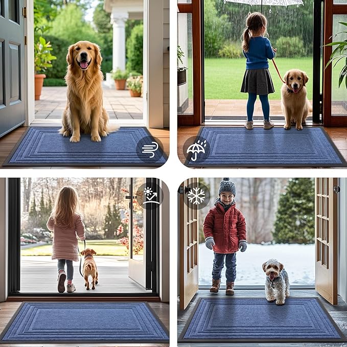Buganda Front Door Mat Indoor Outdoor Entrance, Non-Slip Natural Rubber Doormats, Easy Clean, Low Profile, Dirt Trapper Entryway Floor Mats for Outside, Garages and Patios, 47x32, Blue