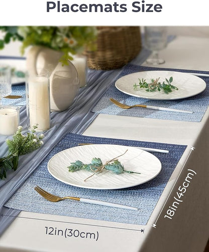 Leetaltree Gradient Blue Woven Placemats Set of 12 - Heat Resistant Non-Slip Place mats for Dining Table, Washable Durable PVC Vinyl Woven Table Mats(Gradient Blue, 12)