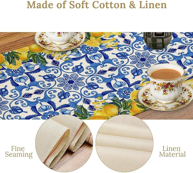 Blue Lemon Table Runner, Italy Tile Yellow Lemon Fruit Table Runners for Farmhouse Coffee Home Kitchen Dining Party Patio Indoor Outdoor 13x60in