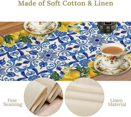 Blue Lemon Table Runner, Italy Tile Yellow Lemon Fruit Table Runners for Farmhouse Coffee Home Kitchen Dining Party Patio Indoor Outdoor 13x90in