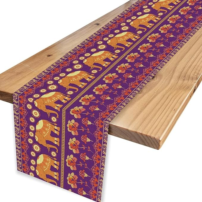 African Tribal Table Runner, Rustic Elephants Floral African Indian Diwali Art Print Purple Coffee Table Center Decor for Home Kitchen Holiday Party Farmhouse Outdoor Table Decorations, 13"x72"
