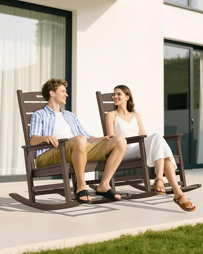 SERWALL Outdoor Rocking Chair Set of 4, Oversized HDPE Rocker, Coffee | - Image 2