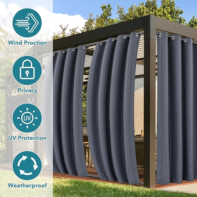 HolidayIdeas Patio Curtains Outdoor Waterproof-4 Panels 54x84 Inch-Windproof Weatherproof Privacy Grey Outside Curtains-Grommet Top and Tab Bottom Drape for Gazebo, Porch, Pergola, Cabana, Backyard