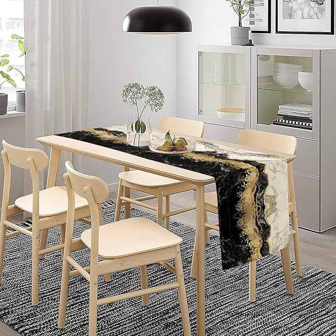 Marble Table Runner, Ink Golden Marble Texture Table Runner for Kitchen Wedding Farmhouse Indoor Outdoor Home Party 13x108in