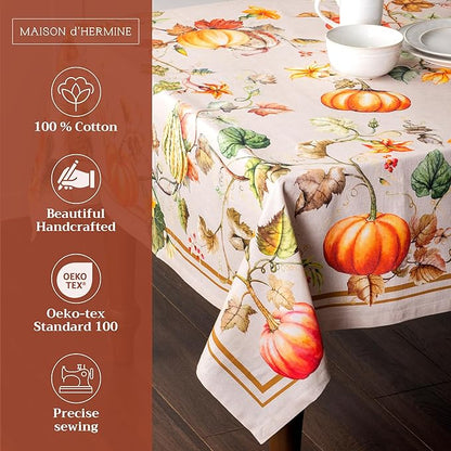 Maison d' Hermine Table Cloth Rectangle Table 100% Cotton 70 x 108 Inches Fall Tablecloth Reusable Everyday Use for Thanksgiving Christmas Decorations Dining Farmhouse Party (Potiron)