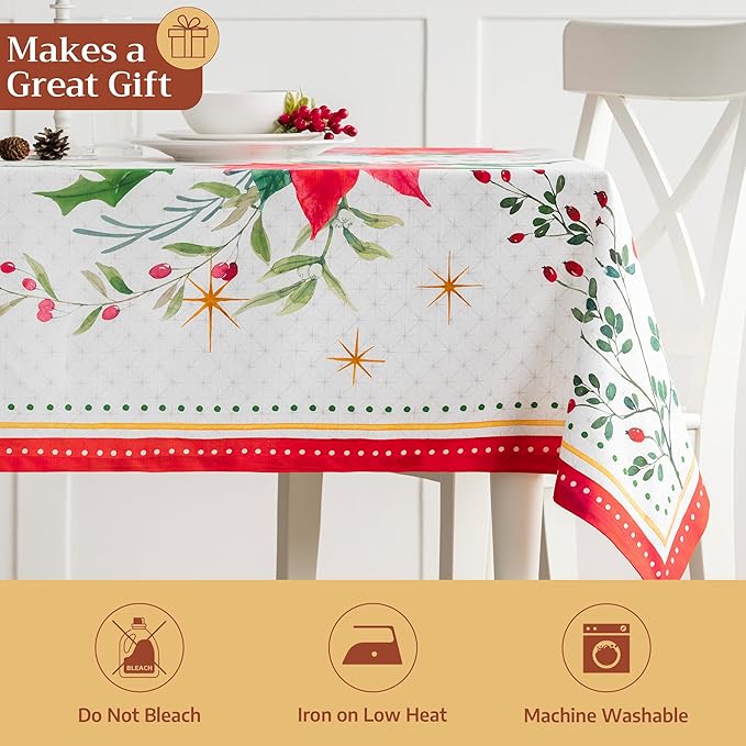Maison d' Hermine Table Cloth Rectangle Table 100% Cotton 54 x 72 Inches Fall Tablecloth Reusable Everyday Use for Thanksgiving Christmas Decorations Dining Farmhouse Party (Poinsettia Christmas)