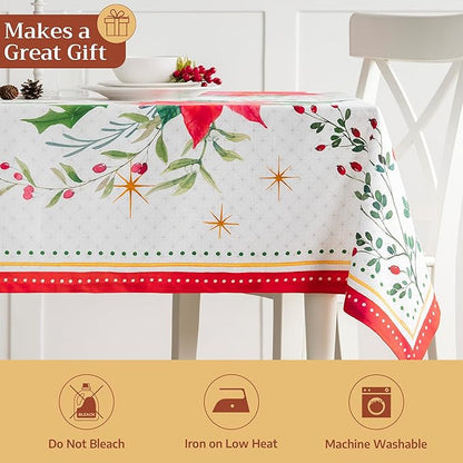 Maison d' Hermine Table Cloth Rectangle Table 100% Cotton 70 x 120 Inches Fall Tablecloth Reusable Everyday Use for Thanksgiving Christmas Decorations Dining Farmhouse Party (Poinsettia Christmas)