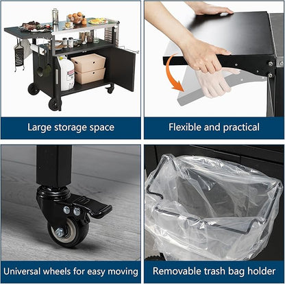 JY QAQA Outdoor Grill Cart with Storage,Patio Kitchen Island Outdoor Grill Table with Wheels,BBQ Cart Movable Pizza Oven Table Stand, Storage Cabinet, Foldable Tabletop, (Black)
