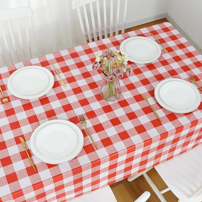 Romanstile Gingham Rectangle Plastic Tablecloth, 100% Waterproof Oil-Proof Checkered PVC Table Cloth, Heavy Duty Vinyl Table Cover for Dining, Camping, Picnic, Outdoor - 54 x 108 Inch, Red and White