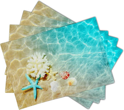 Giwawa Ocean Starfish Placemats Set of 4, Nautical Seashell Coral Coastal Linen Table Place Mats for Kitchen Dining Summer Aquatic Life Decoration, Non-Slip Heat-Resistant Washable, 12" x 18"